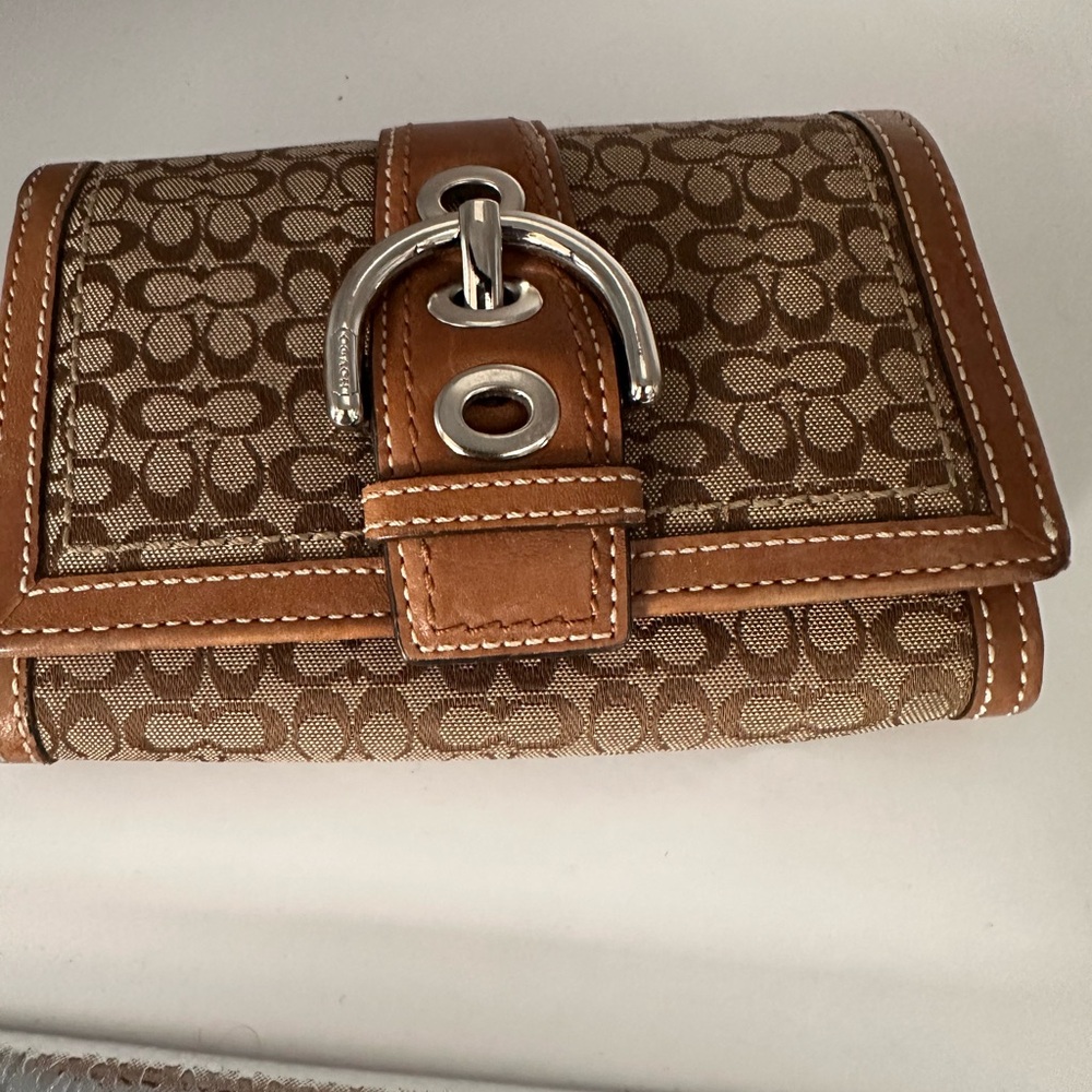 Coach Brown Signature Wallet with Leather Trim and Silver Hardware